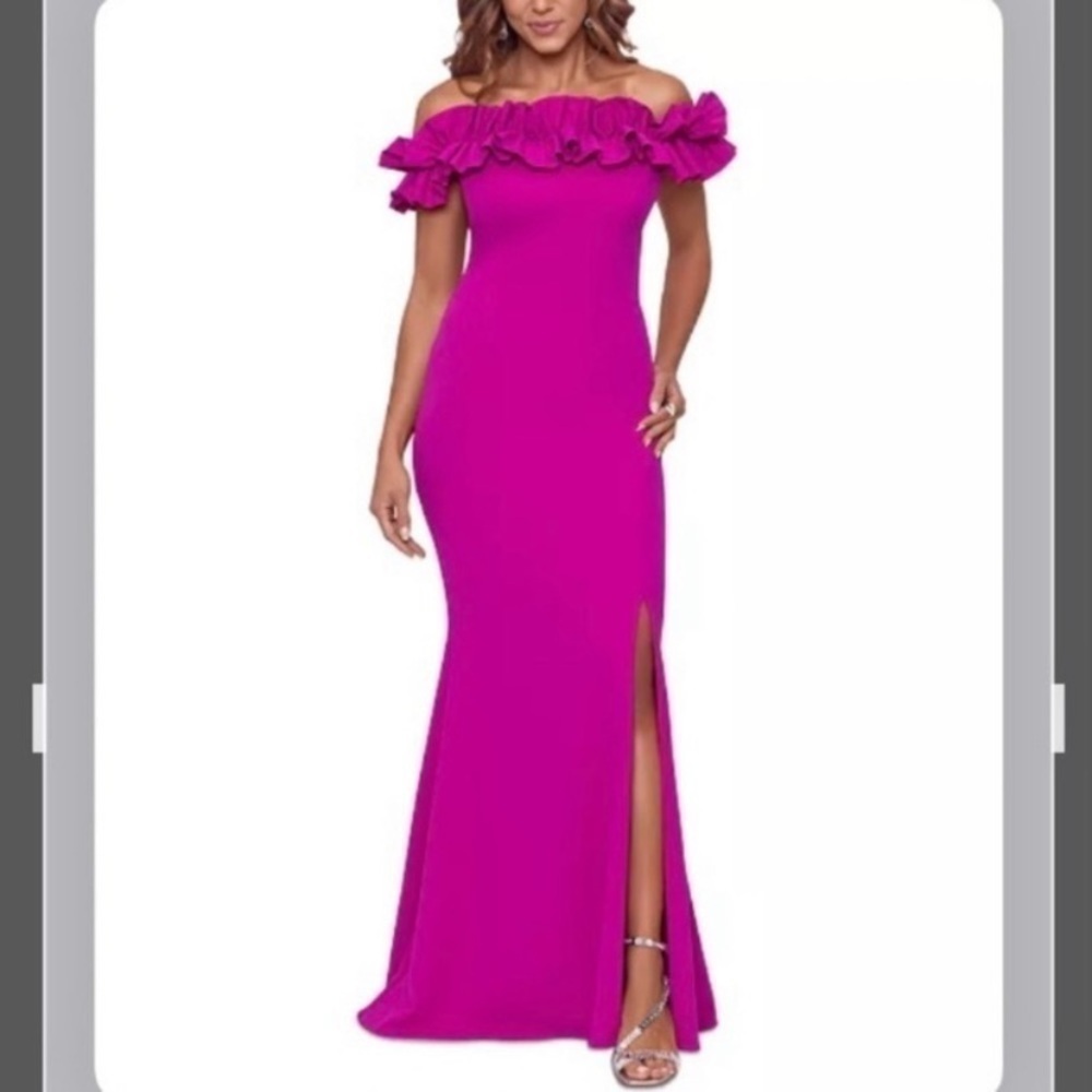 XSCAPE Ruffled Off-The-Shoulder Cap Sleeve Mermaid Crepe Gown in Black Size 6 - Picture 3 of 11